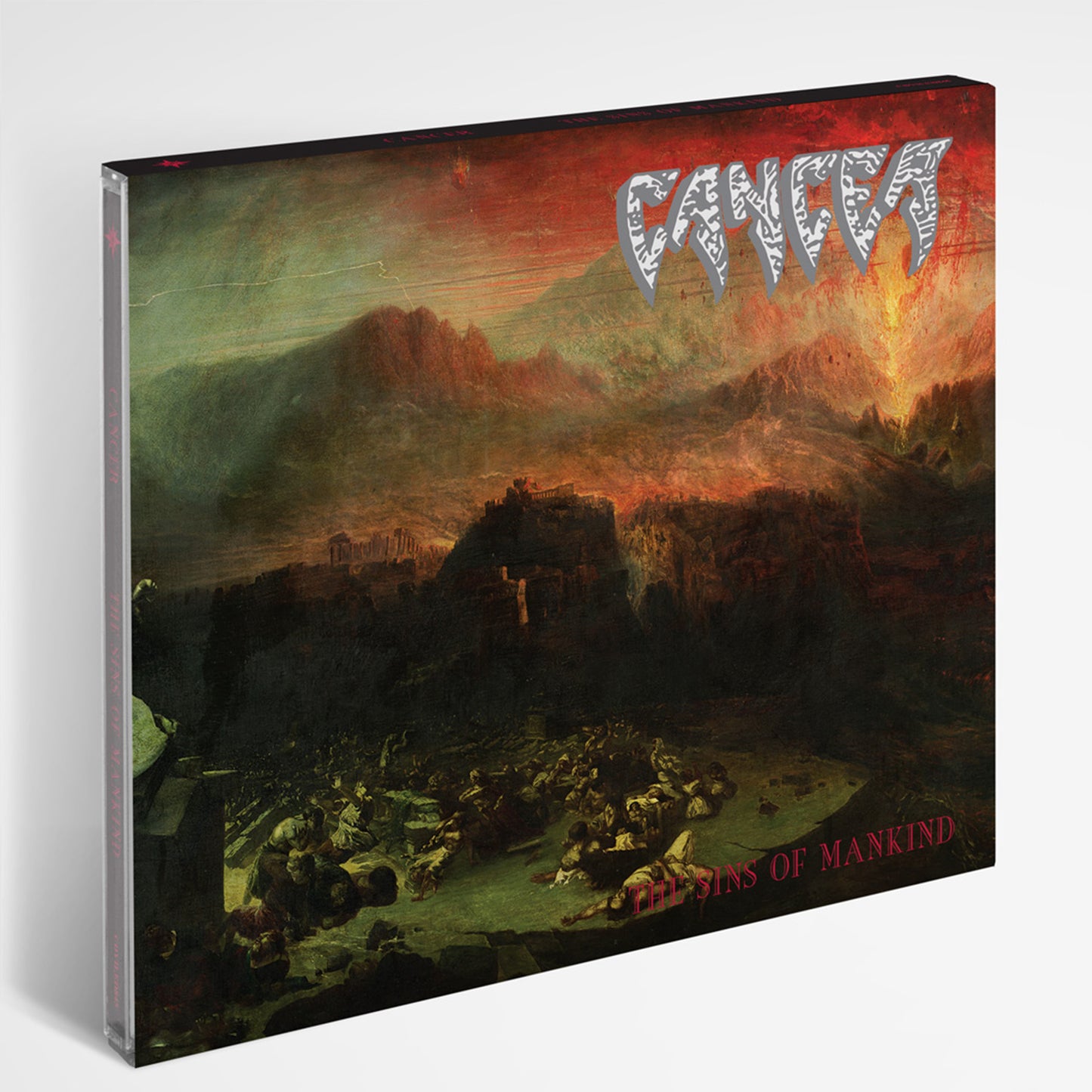 The Cancer band’s The Sins of Mankind CD cover shows a dramatic fiery landscape with bodies and ruins under a smoky red sky. The Cancer logo is at the top, and the album title is placed at the bottom right. Brand Name: Cancer.