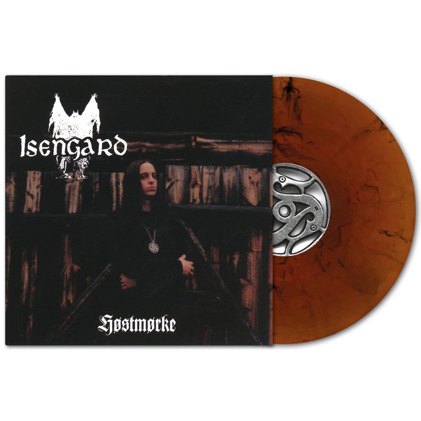 Isengard’s “Høstmørke” album features Fenriz on a moody cover, with marbled brown vinyl and a silver-engraved center—capturing Norwegian Folk Metal from Isengard.