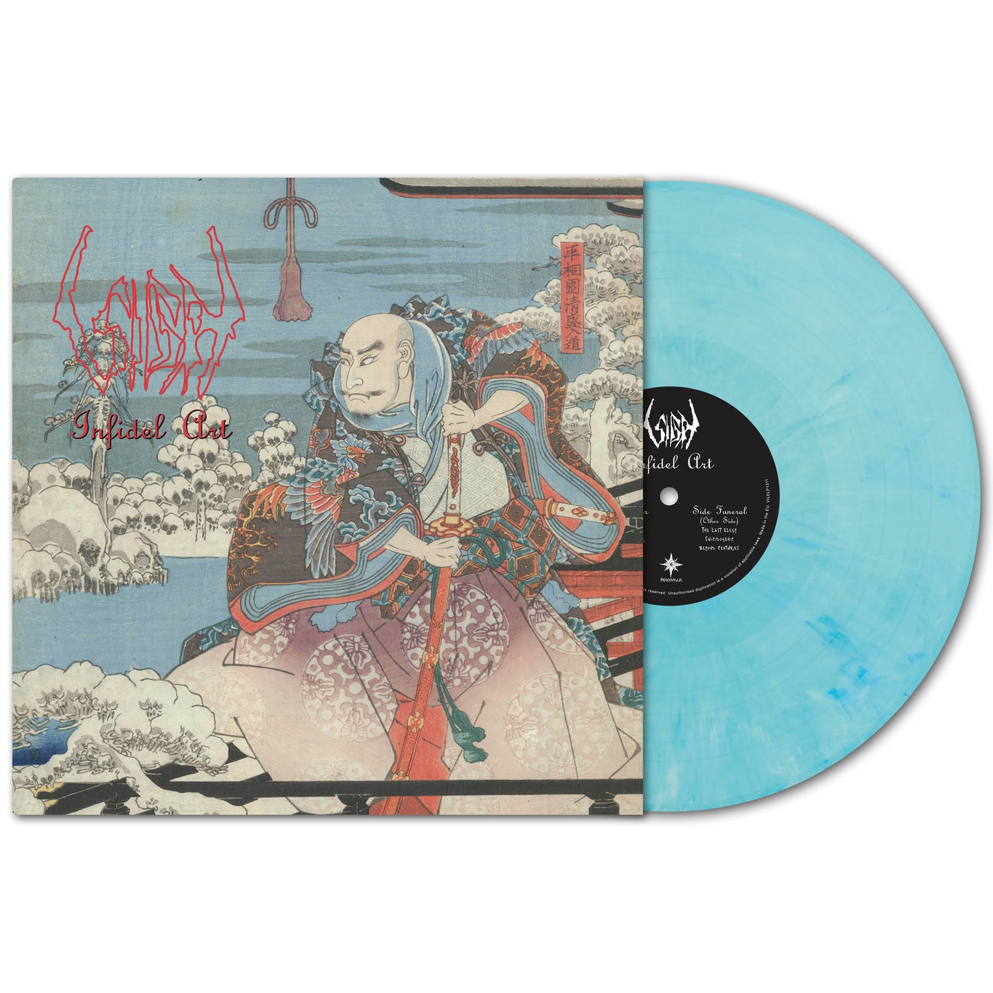 A limited blue marble vinyl by Sigh slides from its sleeve, which features samurai-inspired artwork and red text reading “Sigh” and “Infidel Art,” the band’s second studio album of Eastern atmospheric black metal.