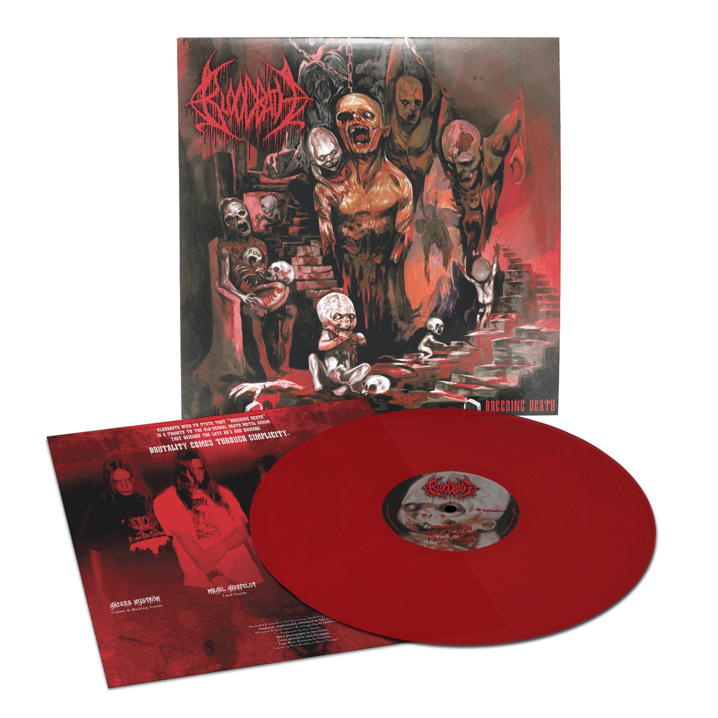 A red vinyl record and cover with grotesque zombie art capture Bloodbath’s death metal vibe, while the inner sleeve lists Breeding Death EP tracks alongside band photos in true horror style.