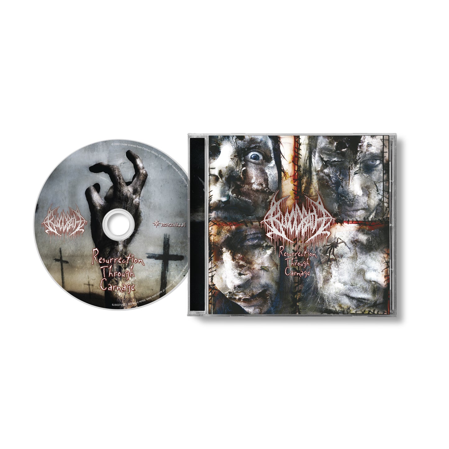 A Bloodbath death metal CD with case features dark, ominous artwork of distorted faces and hands. The bands logo and Resurrection Through Carnage title appear in bold red lettering.