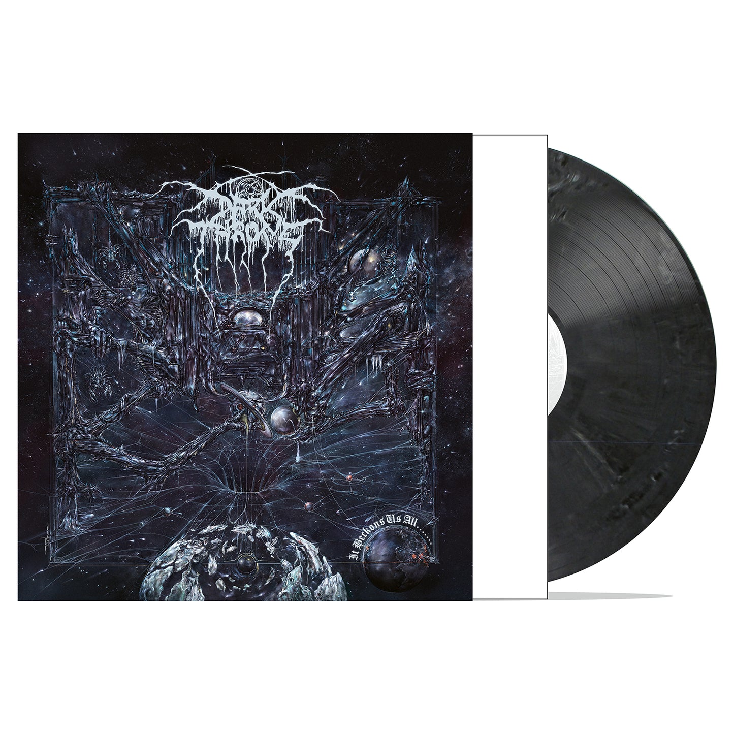 A limited edition grey marble vinyl by Darkthrone is partly slid from its sleeve, which displays dark abstract cosmic artwork and a distorted white Darkthrone logo. The black and gray marbled pattern reflects the bands epic metal aesthetic.