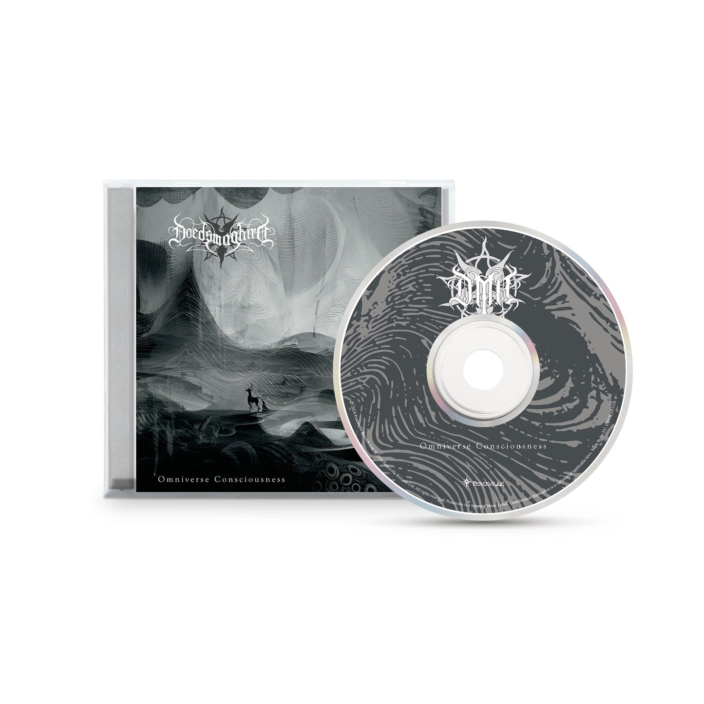 A CD and case of Doedsmaghird’s debut album Omniverse Consciousness, featuring a stylized logo and dark, abstract cover art with a small silhouette in a surreal landscape.