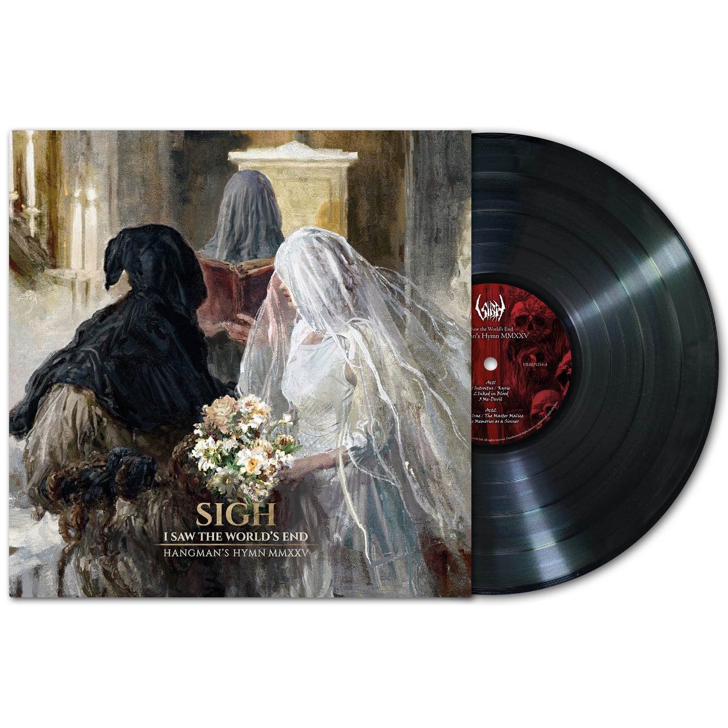 A vinyl record slides from its cover featuring darkly dressed figures and a veiled bride. The text reads: Sigh - I Saw the Worlds End - Hangmans Hymn MMXXII, highlighting the black metal intensity of this brand, Sigh.