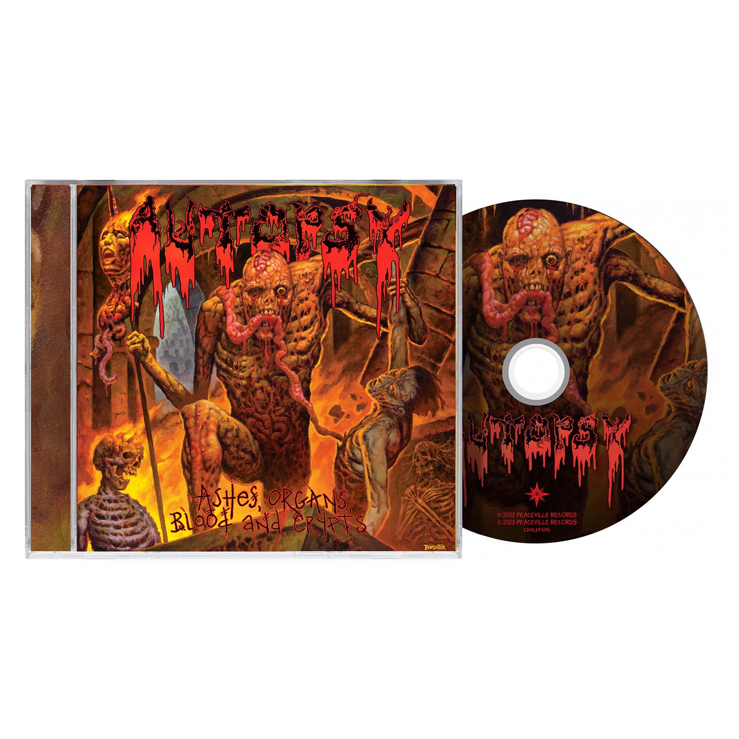 CD and case for Autopsy’s album “Ashes, Organs, Blood and Crypts.” The cover shows gruesome zombie figures in a fiery scene, capturing death metal intensity with the band’s red logo above the title.