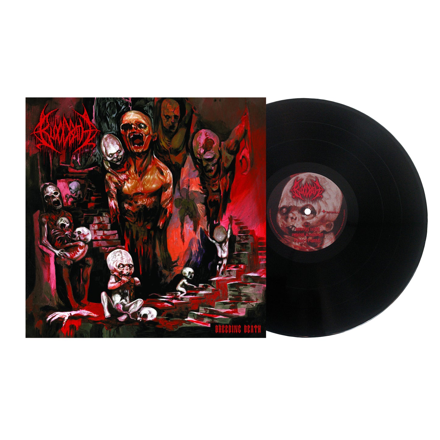 A vinyl record and cover featuring horror artwork with grotesque figures, skeletal faces, and blood-red tones. The album is “Bleeding Death” by Bloodbath, with a red, unreadable band logo on the sleeve.