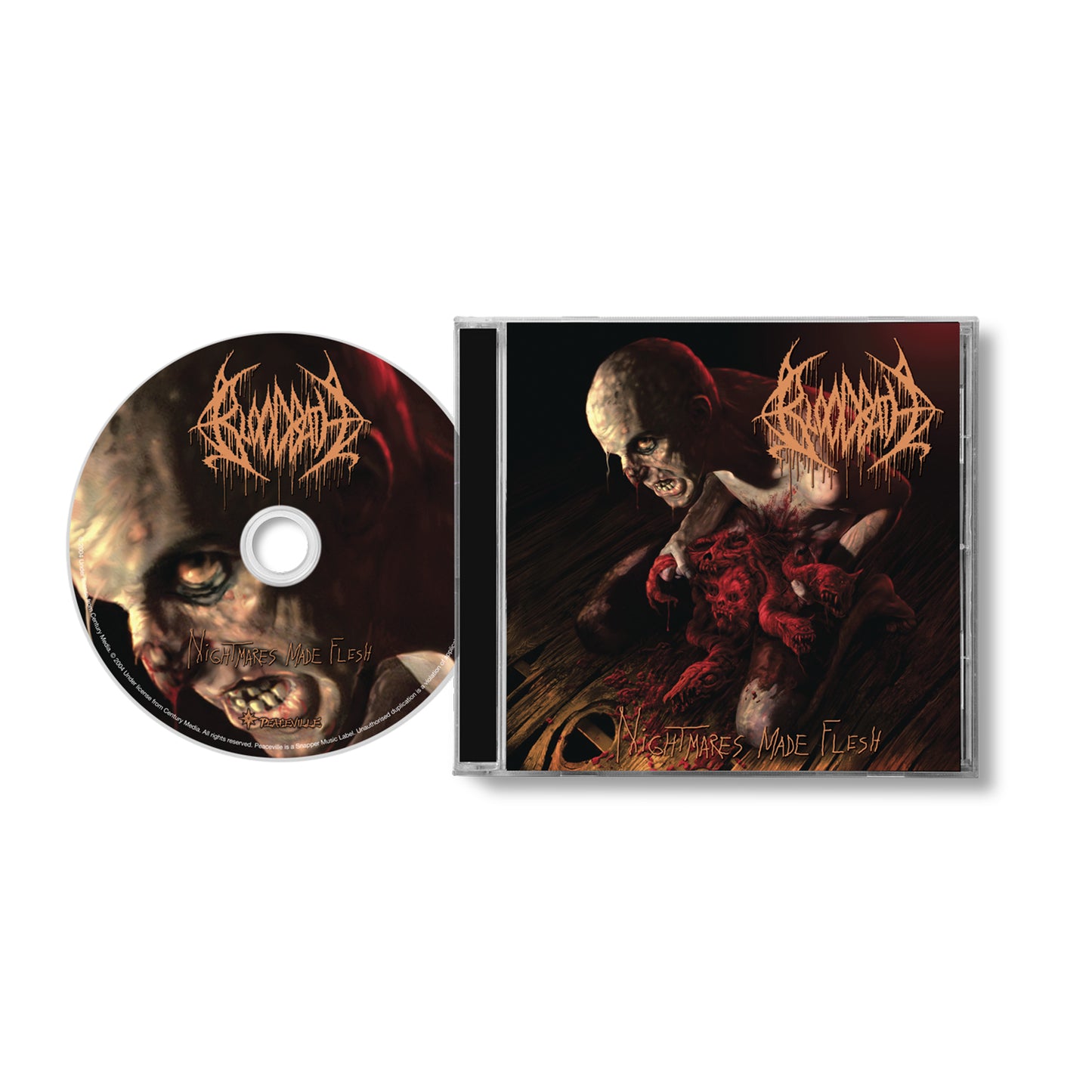 Bloodbath CD and case for the death metal album Nightmares Made Flesh, featuring horror-themed cover art of a decaying figure with exposed organs. The CD also displays this image and the album title.
