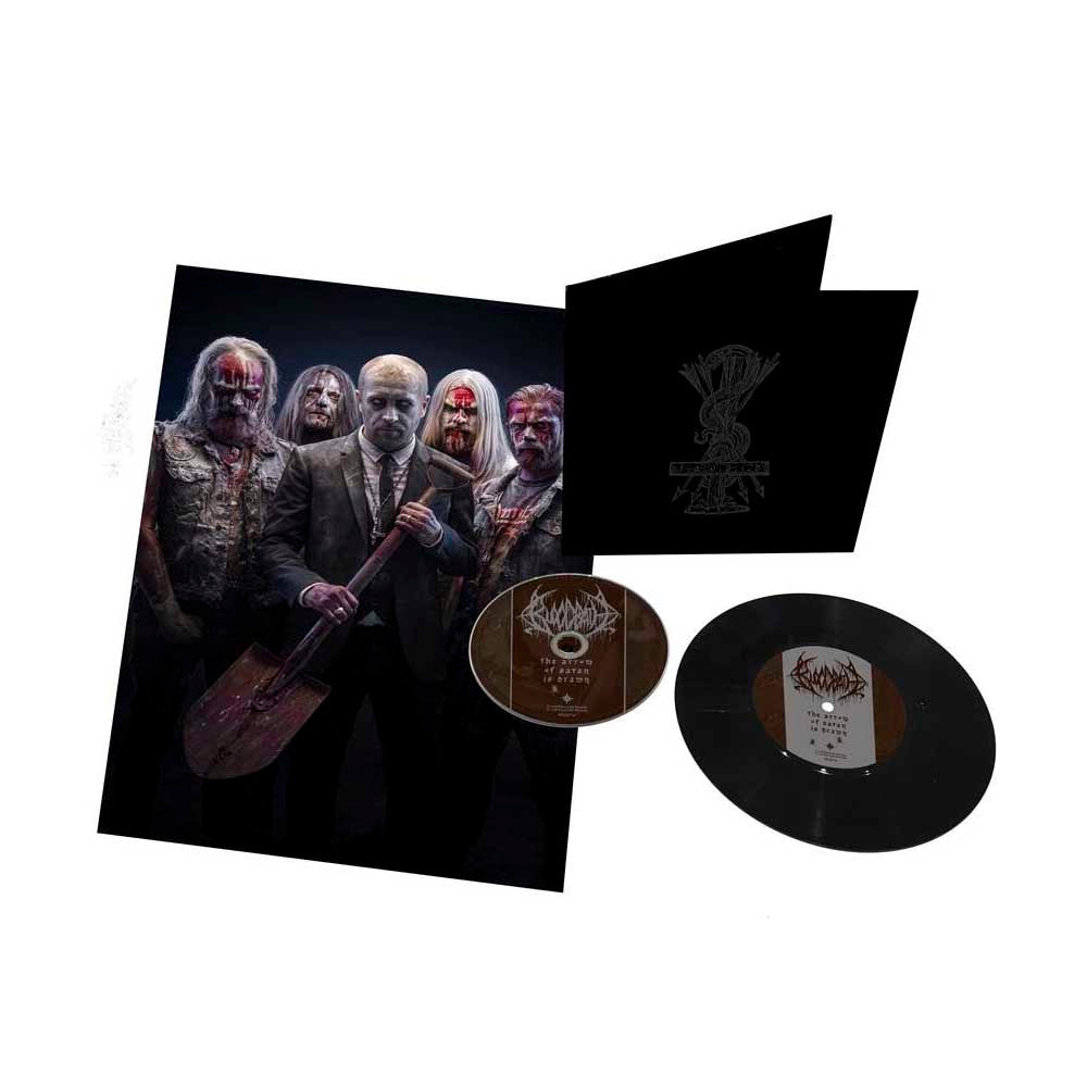 Bloodbath vinyl record set featuring The Arrow Of Satan Is Drawn album art (five men in corpse makeup, one with a shovel). Includes black LP, CD, and black booklet with silver emblem. Brand: Bloodbath.