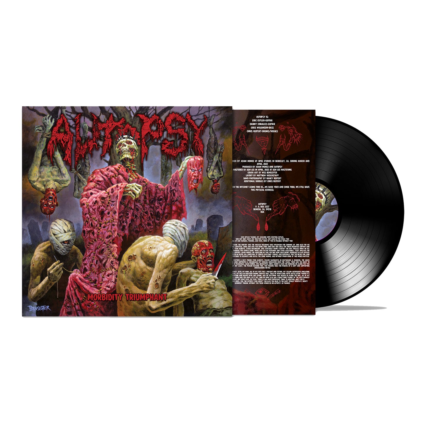 Vinyl record and album cover for Morbidity Triumphant by Autopsy, featuring a grotesque, red-robed figure with a severed head among mummified bodies in a nightmarish scene.
