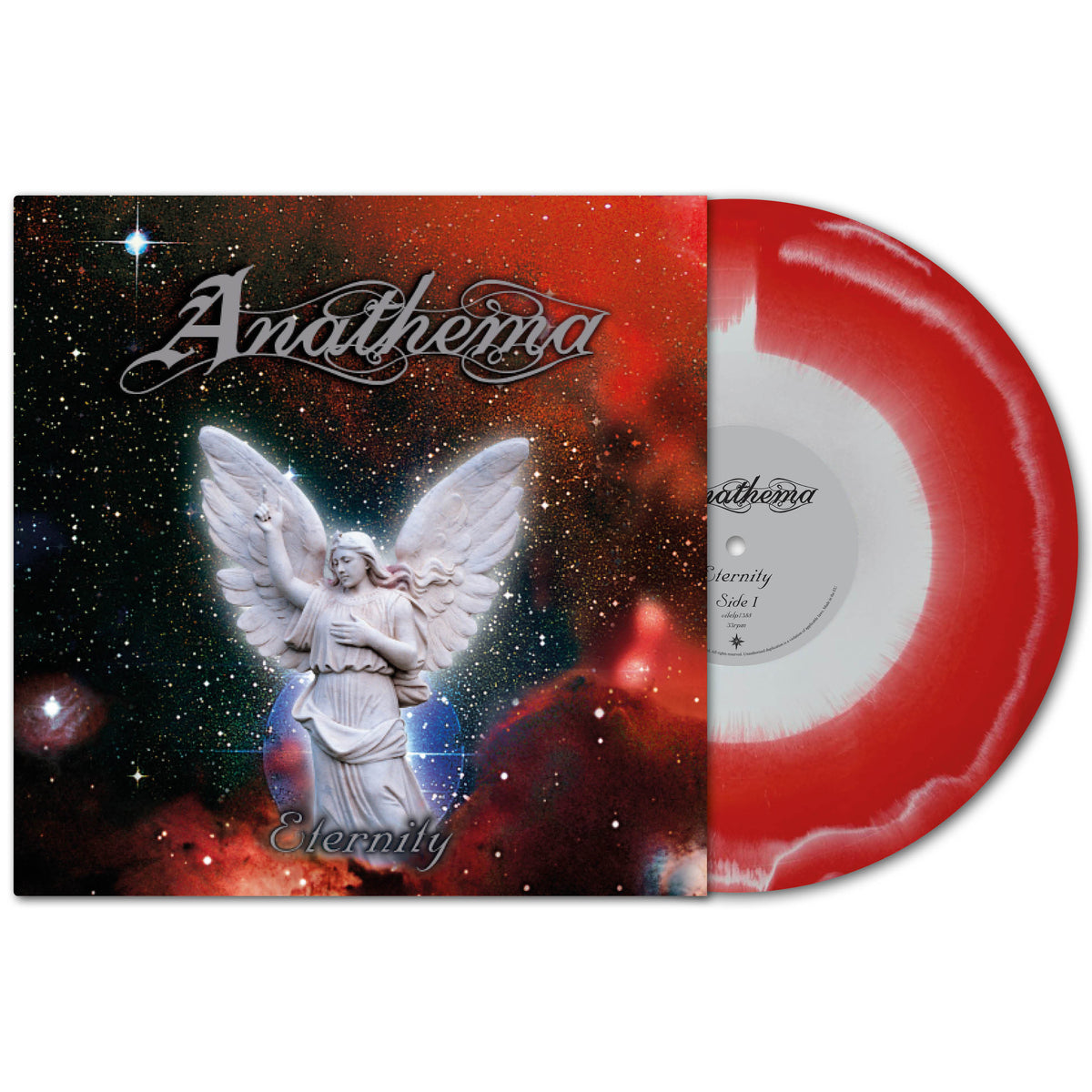 Anathema Eternity vinyl album cover featuring an angel against a starry nebula, displayed alongside a red and white marbled vinyl disc representative of atmospheric rock.