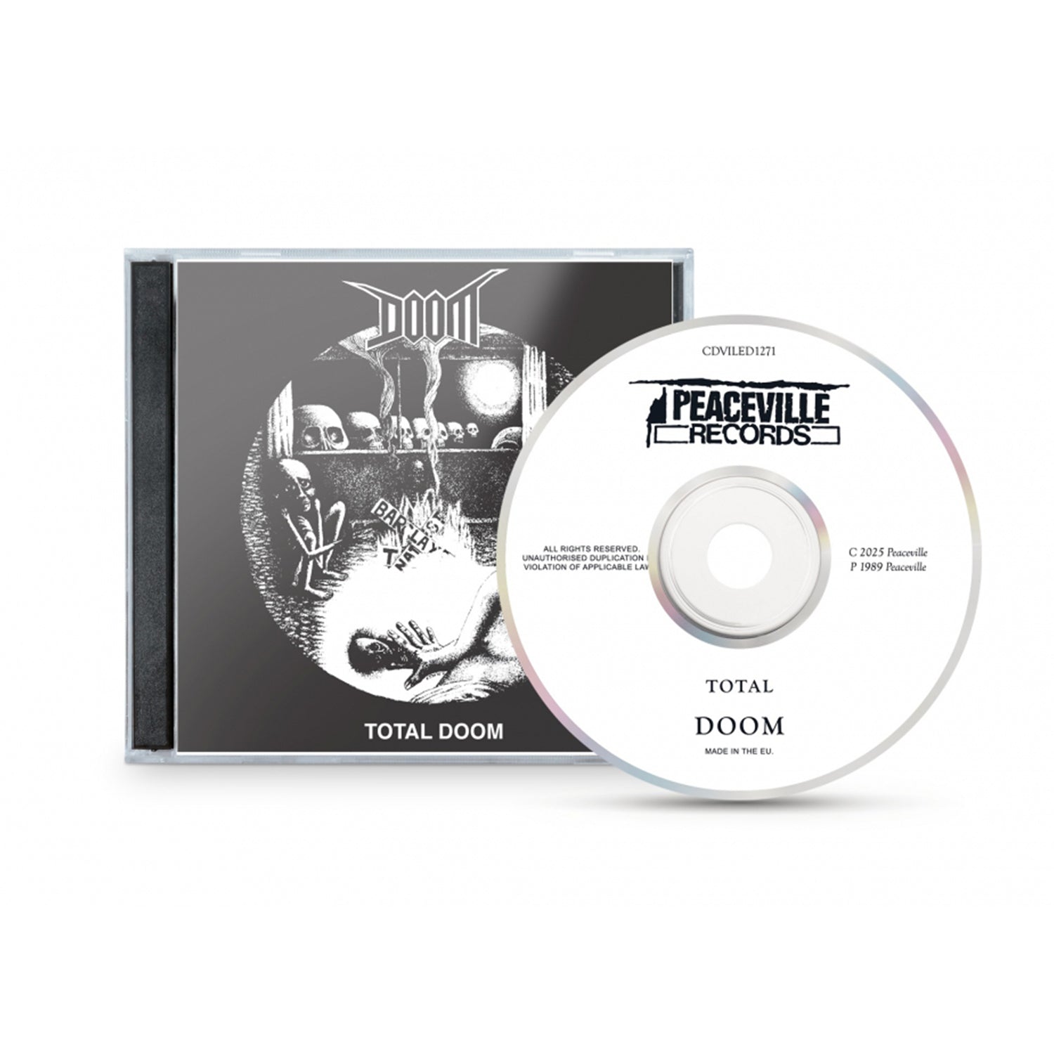 A CD case and disc for DOOM’s crust punk album Total Doom. The case has black-and-white artwork with the DOOM logo, while the CD shows Peaceville Records branding and album details.