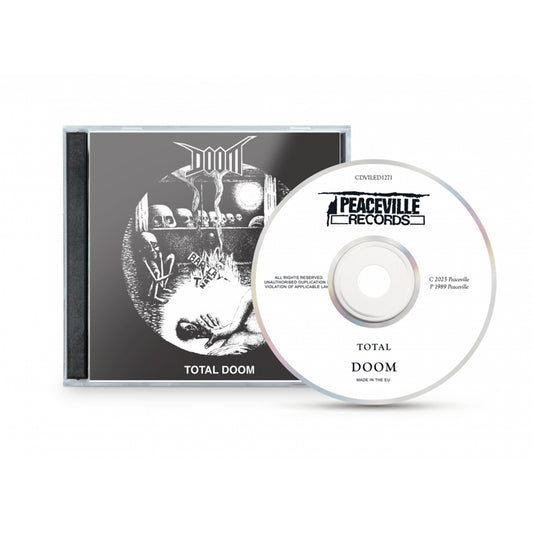 A CD case and disc for DOOM’s crust punk album Total Doom. The case has black-and-white artwork with the DOOM logo, while the CD shows Peaceville Records branding and album details.