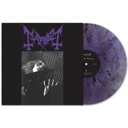A black and purple marble vinyl from Mayhem is partially shown beside its cover, which displays the Mayhem logo in purple and a black-and-white photo from their legendary "Live in Leipzig" album.