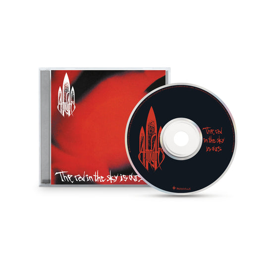 A CD and case featuring At The Gates’ logo and "The Red in the Sky Is Ours" album title on a red and black abstract cover—classic brutal melodic death metal remastered.