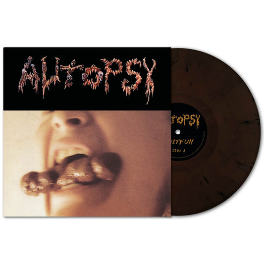 A brown marble-effect vinyl by Autopsy, partly in its cover, which features a close-up of someone biting raw meat and the band’s logo in a gory font—a must-have for death metal collectors.