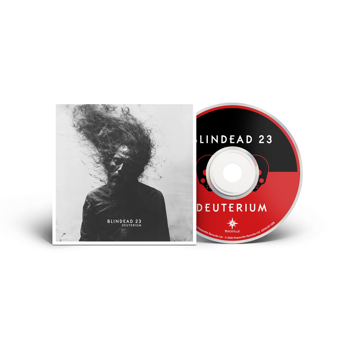 A Blindead 23 CD case and disc are shown. The progressive metal release features a black-and-white photo of a person with hair flying, while the red and black CD displays the avant-metal title and artist name.
