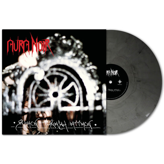 A limited silver marble vinyl of Aura Noir's Black Thrash Attack is displayed next to its album cover, which shows the Aura Noir logo in red and a dark, blurred image with white gothic-style text at the bottom.
