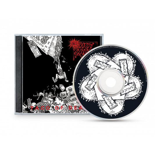A CD case from Extra Hot Sauce with black and white artwork of chaotic falling people, tombstones, and the title Face of Death. Ideal for Hardcore Grindcore fans, the CD features bold “SAUCE” text on white.