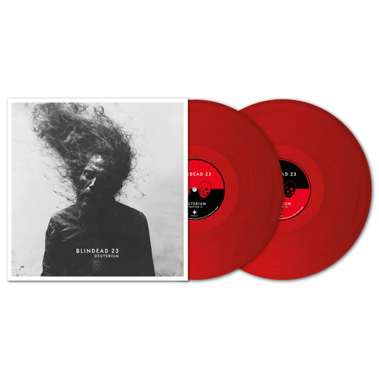 The image shows "Portrety" by Blindead 23, a progressive metal album featuring a black-and-white cover of a person with hair blowing upward, and two double transparent red vinyl records.