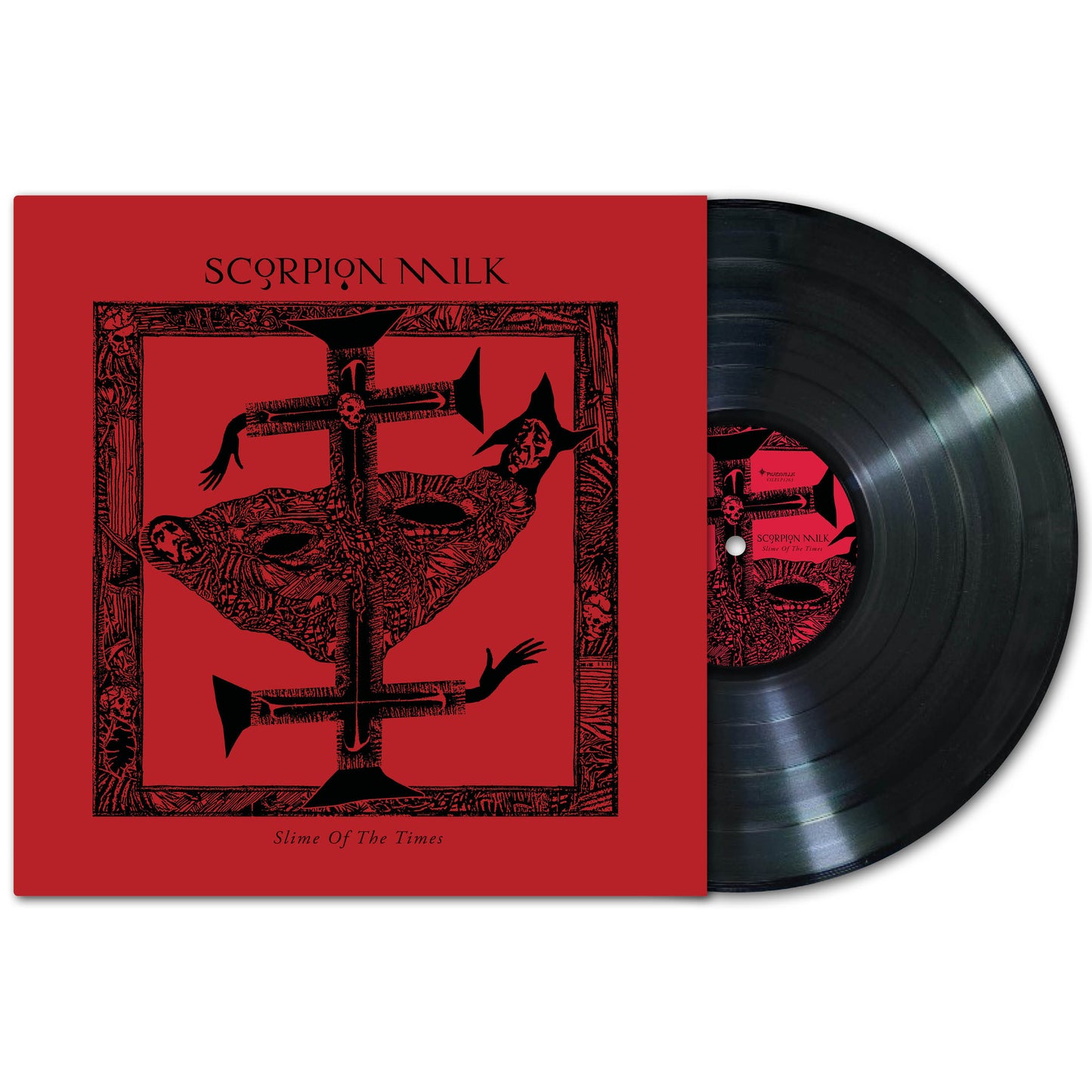 A black vinyl record is partially pulled from a red album cover with distorted black artwork and the text “Scorpion Milk” (brand), evoking an apocalyptic post-punk vibe and reminiscent of Mat McNerney’s unique style.