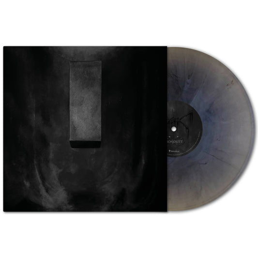 A marble vinyl record with a smoky gray finish is partially shown emerging from a black album cover with an abstract design and rectangular centerpiece—a striking tribute to Norwegian black metal band Mork.