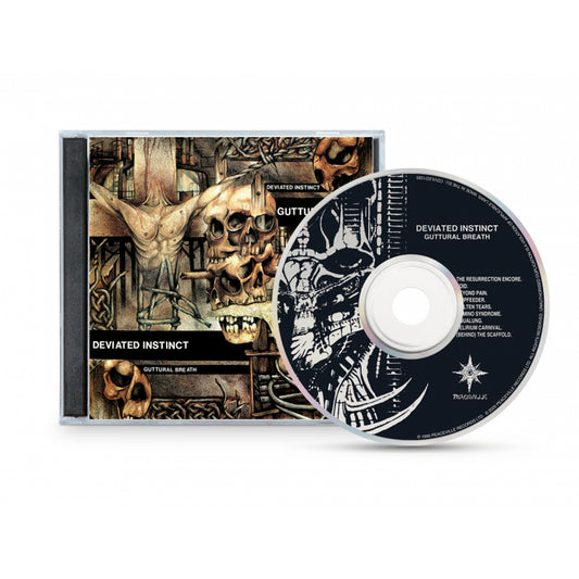 A CD case and disc for Guttural Breath by Deviated Instinct, featuring cover art of a surreal skeletal figure with metal and chains. The black-and-white CD bears an illustration and the tracklist. Brand: Deviated Instinct.
