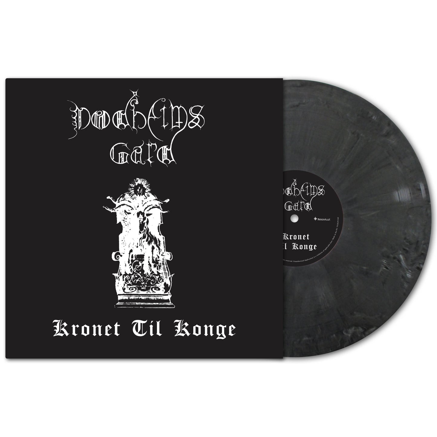 A black DODHEIMSGARD vinyl record, partly in its sleeve, displays gothic white "Kronet Til Konge" text and a crowned figure—an essential for Norwegian Black Metal or limited marble vinyl collectors.