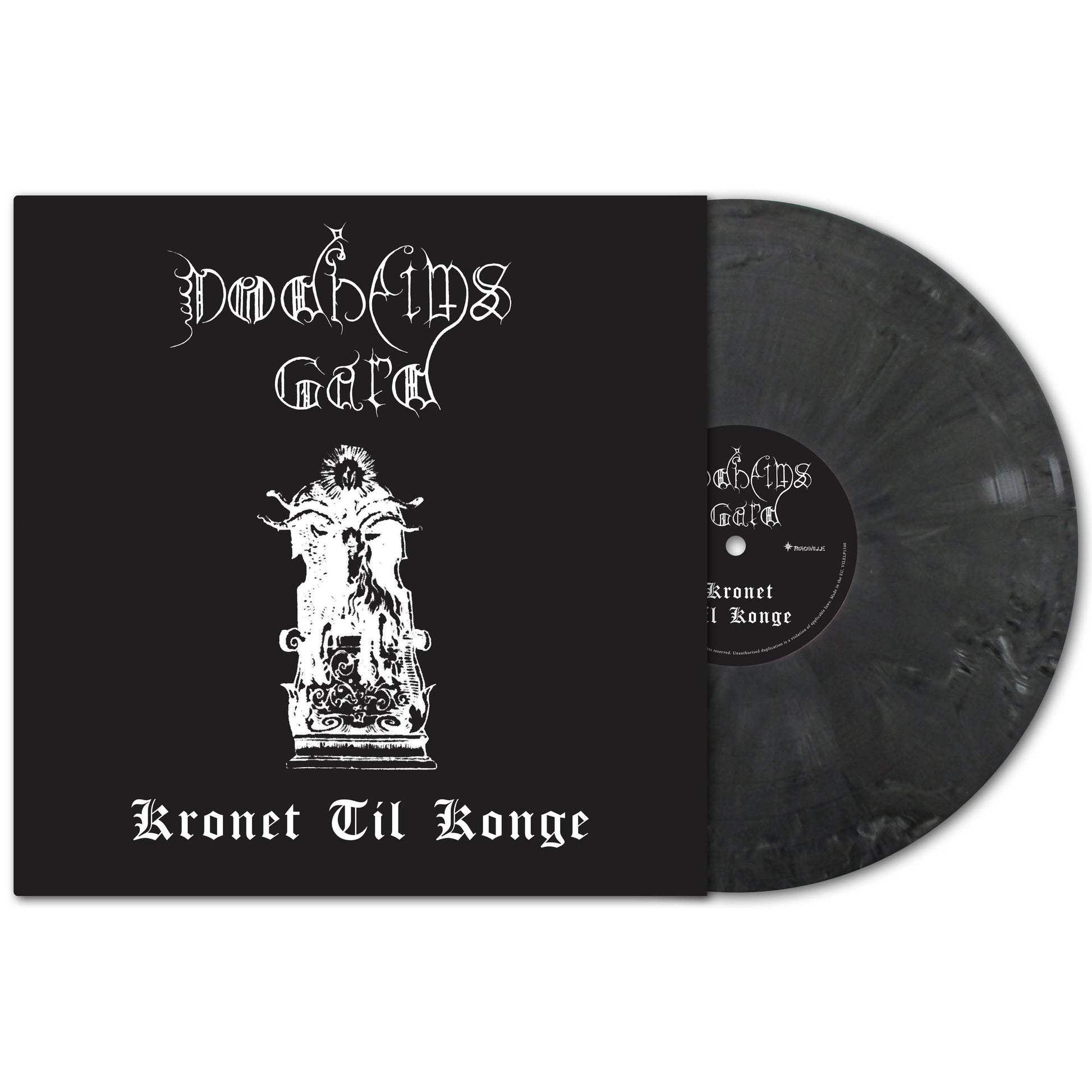 A black DODHEIMSGARD vinyl record, partly in its sleeve, displays gothic white "Kronet Til Konge" text and a crowned figure—an essential for Norwegian Black Metal or limited marble vinyl collectors.