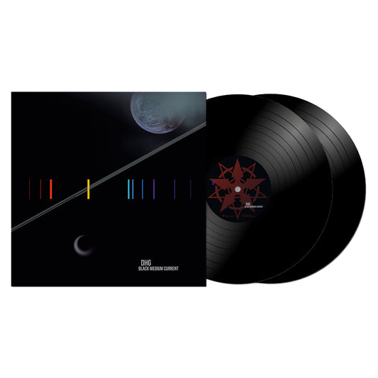 Two black vinyl records partially slide from a square album cover with a dark cosmic design—planets, diagonal colored bars. The text reads DODHEIMSGARD Black Medium Current, a striking black metal release.