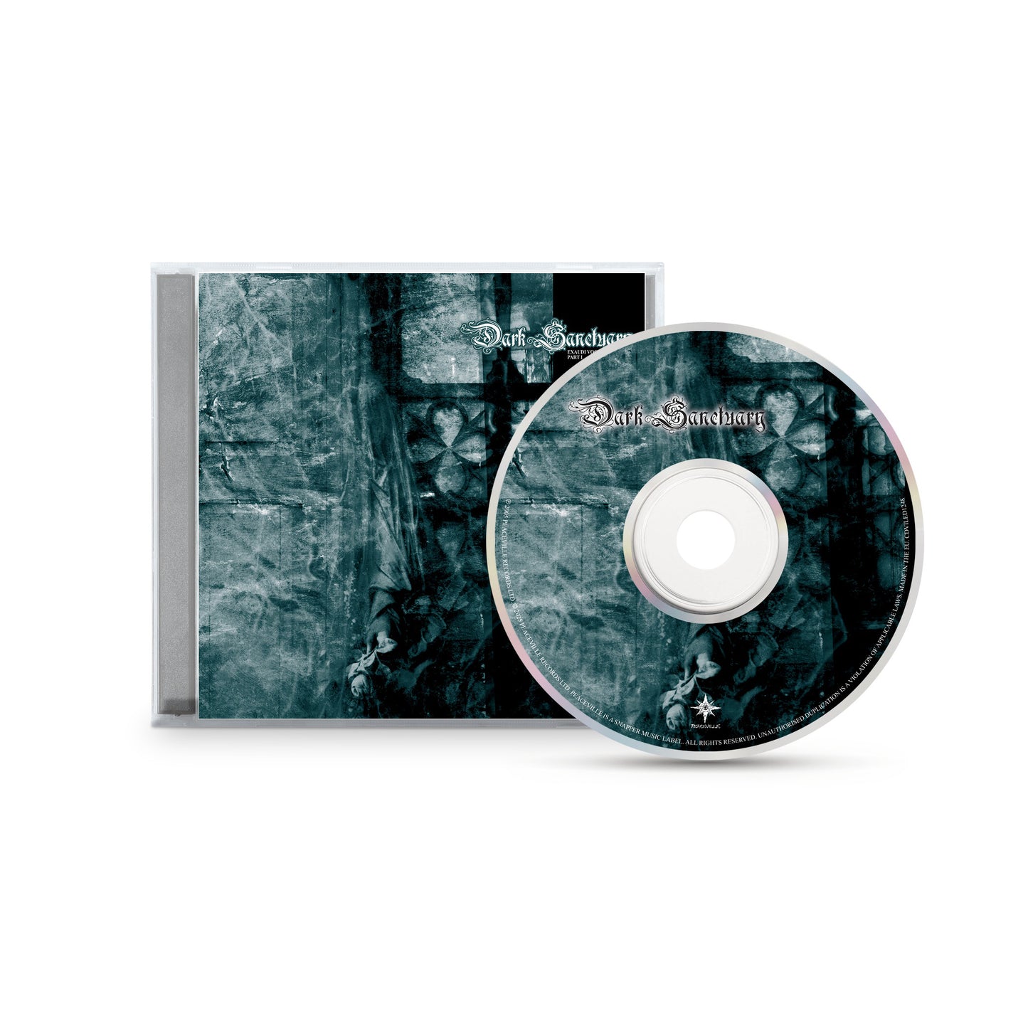 A CD and case by Dark Sanctuary featuring a dark, textured cover with abstract blue and black patterns and the bands name in ornate white font. Both items share the same neo-classical, dark ambient-inspired design.