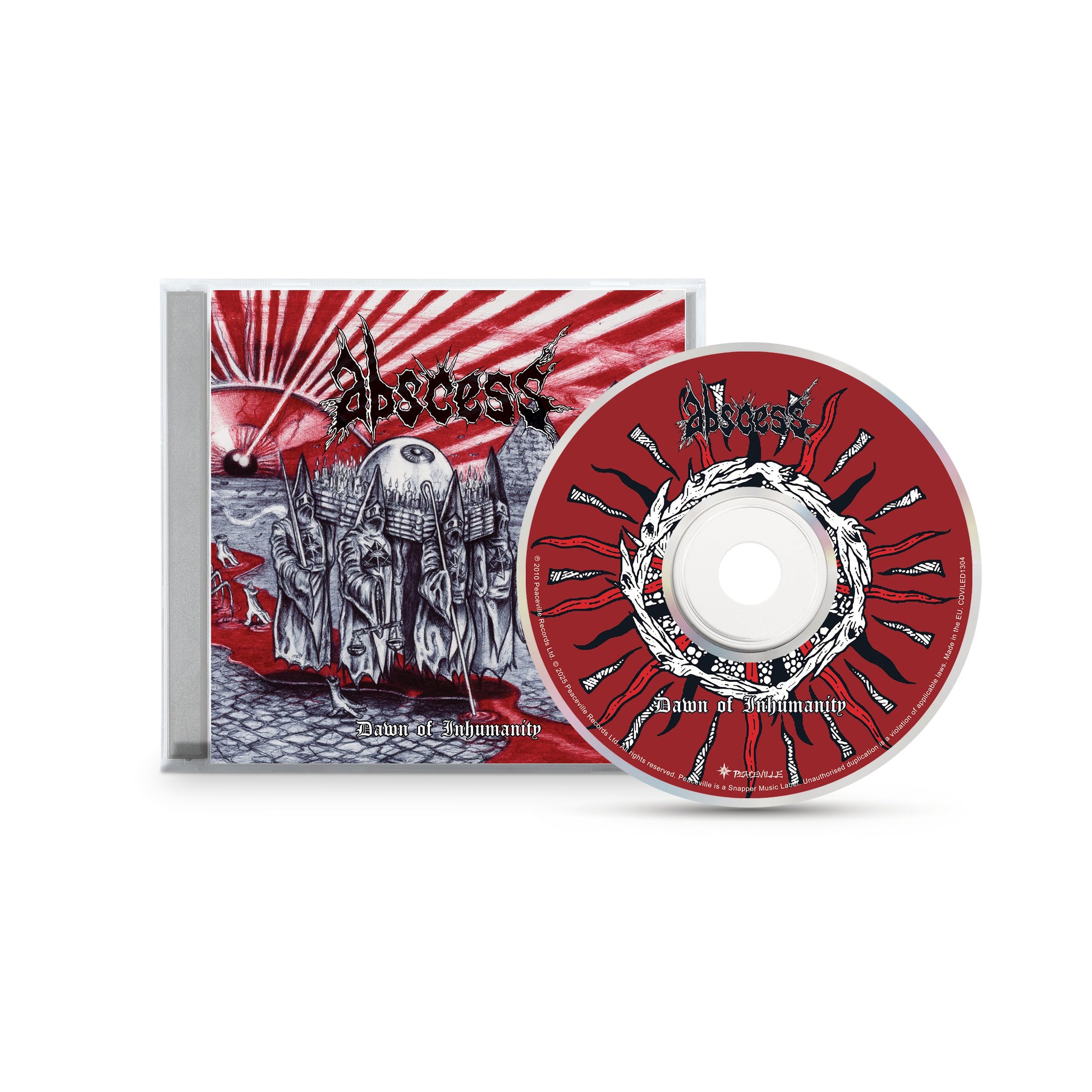 CD and case for Dawn of Inhumanity by ABSCESS. Features matching red, gray, and black artwork with robed figures in a surreal landscape and a large sun, reflecting the band's Autopsy-inspired style.