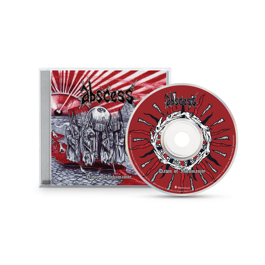 CD and case for Dawn of Inhumanity by ABSCESS. Features matching red, gray, and black artwork with robed figures in a surreal landscape and a large sun, reflecting the band's Autopsy-inspired style.