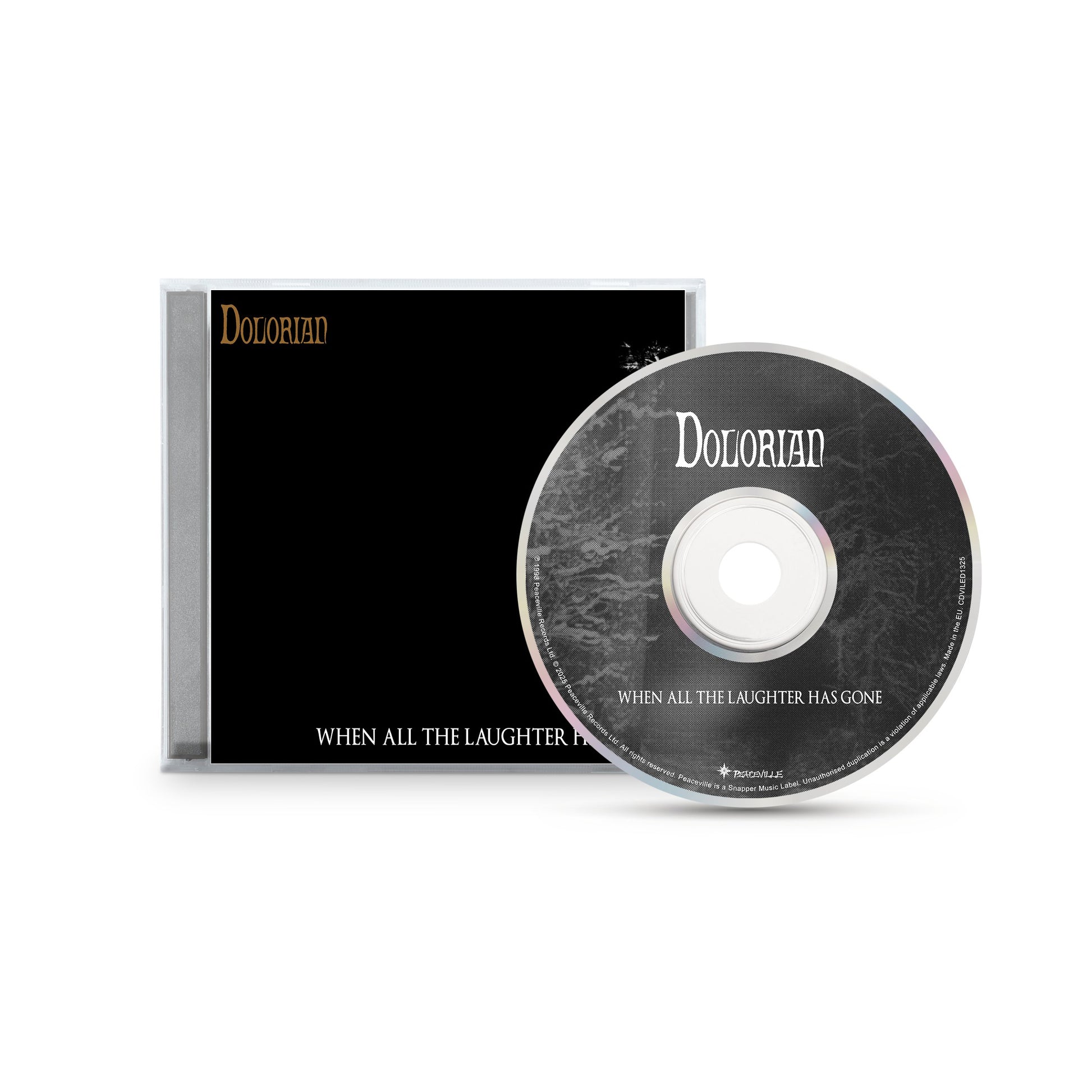 A CD case and disc for Dolorian's album "When All the Laughter Has Gone." The mostly black cover features the brand name in gold and the album title in white at the bottom, reflecting their blackened doom metal style.