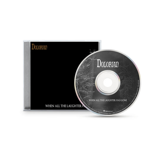 A CD case and disc for Dolorian's album "When All the Laughter Has Gone." The mostly black cover features the brand name in gold and the album title in white at the bottom, reflecting their blackened doom metal style.