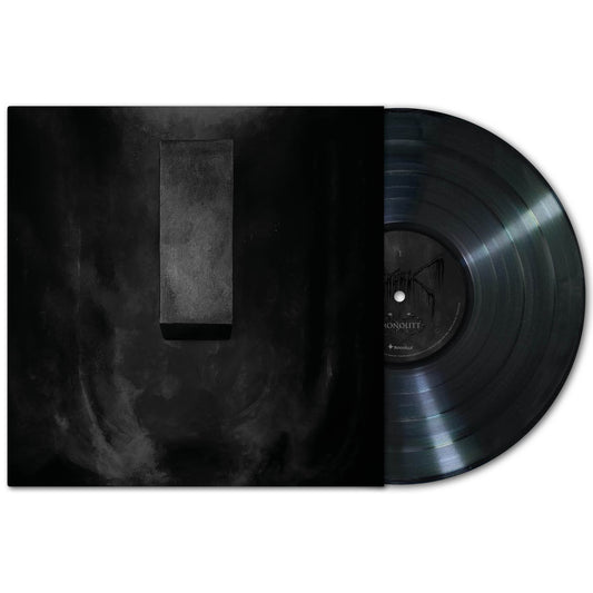 A black vinyl record from Mork slides out of a dark, minimalist album cover featuring a shadowy vertical rectangle on a textured black background.