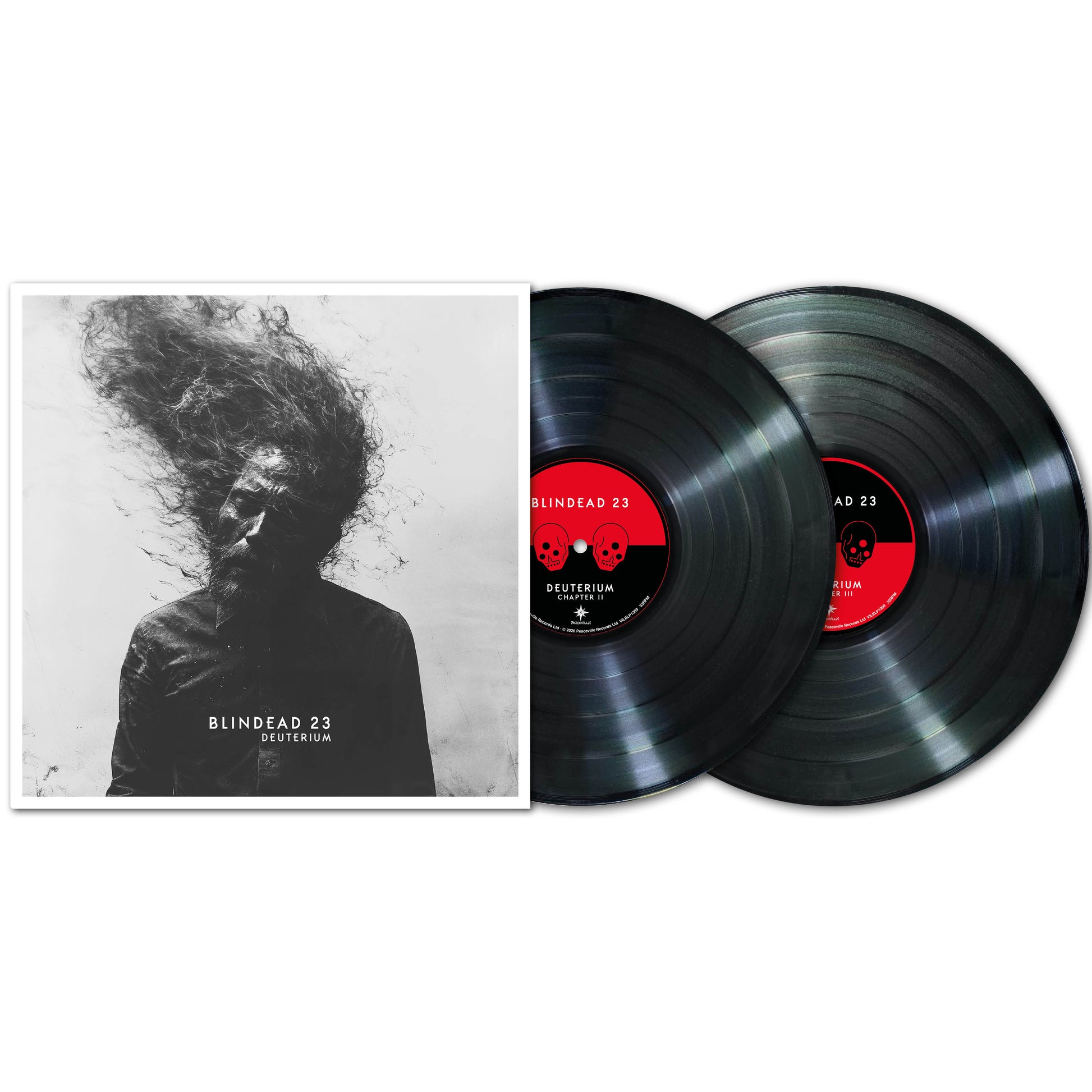 Double black vinyl records by Blindead 23 with a black and white cover showing a bearded, long-haired figure. Red labels display “Blindead 23, O Megalitarium,” marking this as a standout progressive metal release.