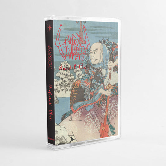 A clear limited cassette case from Sigh displays cover art featuring a fierce samurai amid clouds. The spine reads "SIGH Infidel Art" in red and gold, reflecting the band's eastern atmospheric black metal style.