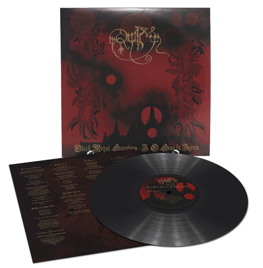 A black vinyl record by RUÏM, pioneers of Black Metal, partially out of its dark red and black album cover with intricate mystical artwork and gold gothic lettering. A printed insert with lyrics and designs lies beneath the record.