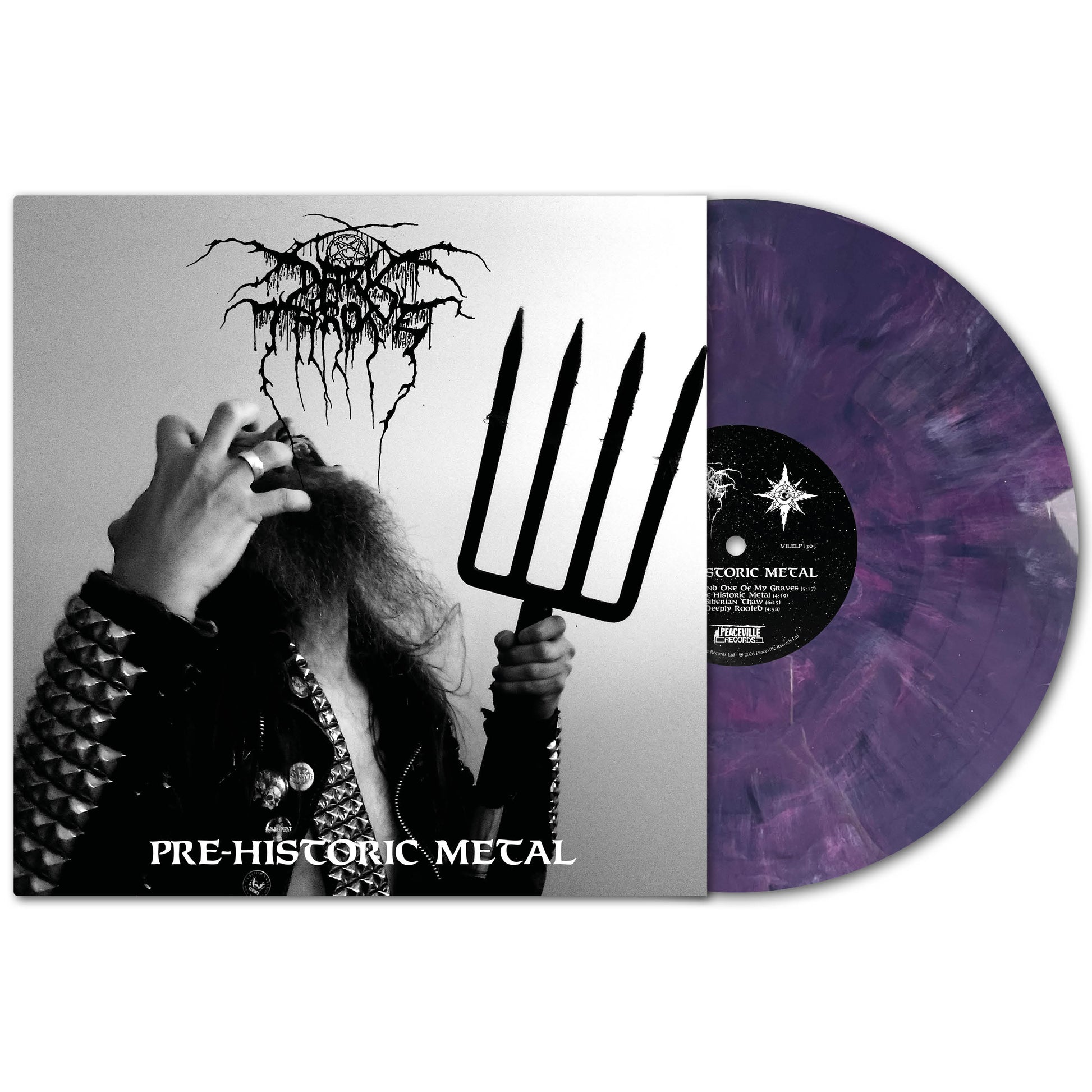 Darkthrone’s limited purple marble vinyl features a bearded figure with a pitchfork and studded jacket on the cover. The text “PRE-HISTORIC METAL” captures the raw, primitive energy of this Norwegian duo’s metal sound.