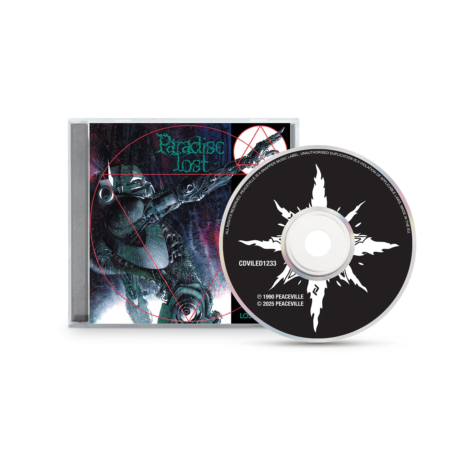 A Paradise Lost CD case displays album art with a dark robotic figure and green text. The remastered edition highlights the bands Gothic Death/Doom Metal style, while the CD features a white, star-like design on black.