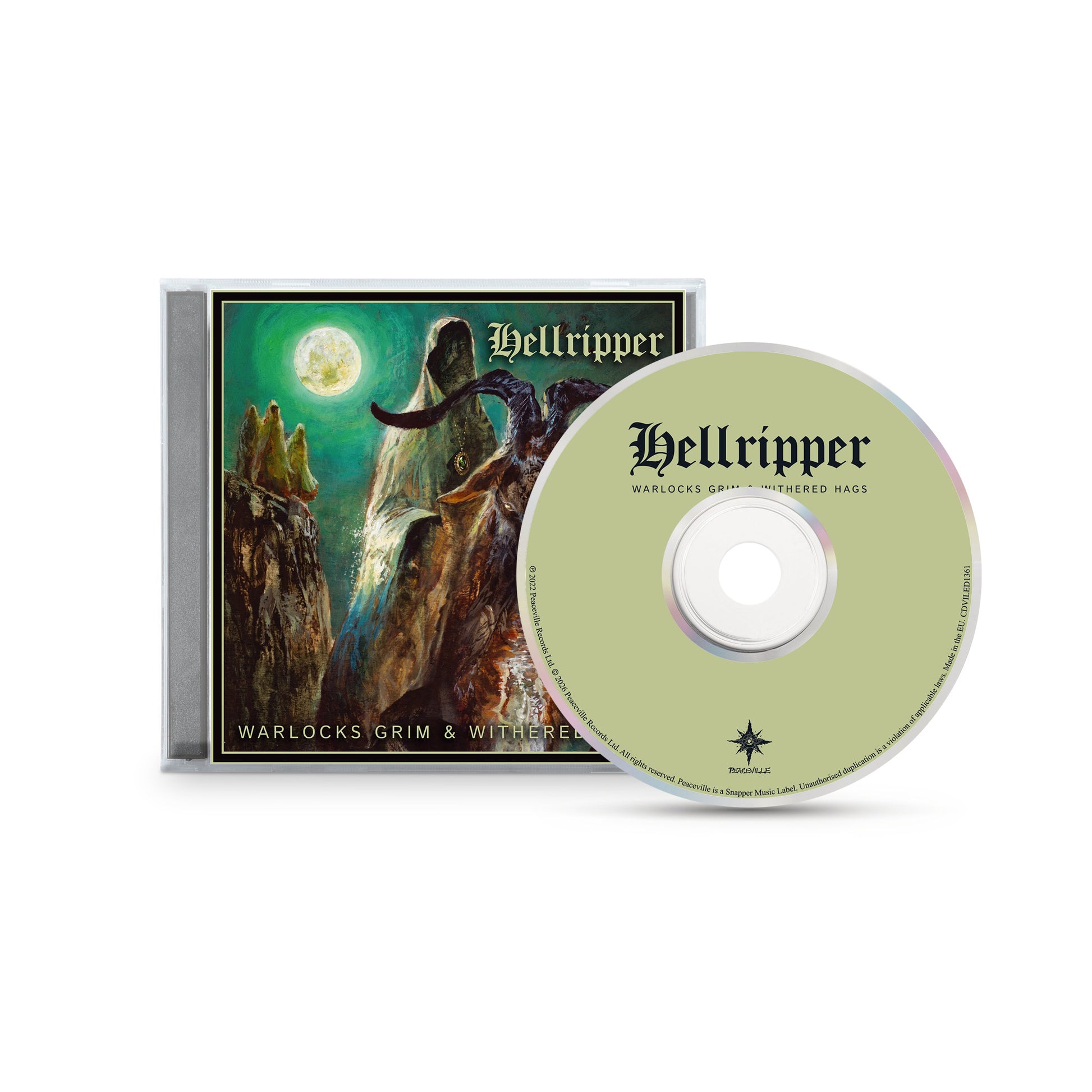 Hellripper’s Warlocks Grim & Withered Hags CD features fantasy moonlit mountain art and a disc with the band logo and album title. Experience furious melodic black metal and blackened thrash from this iconic brand.