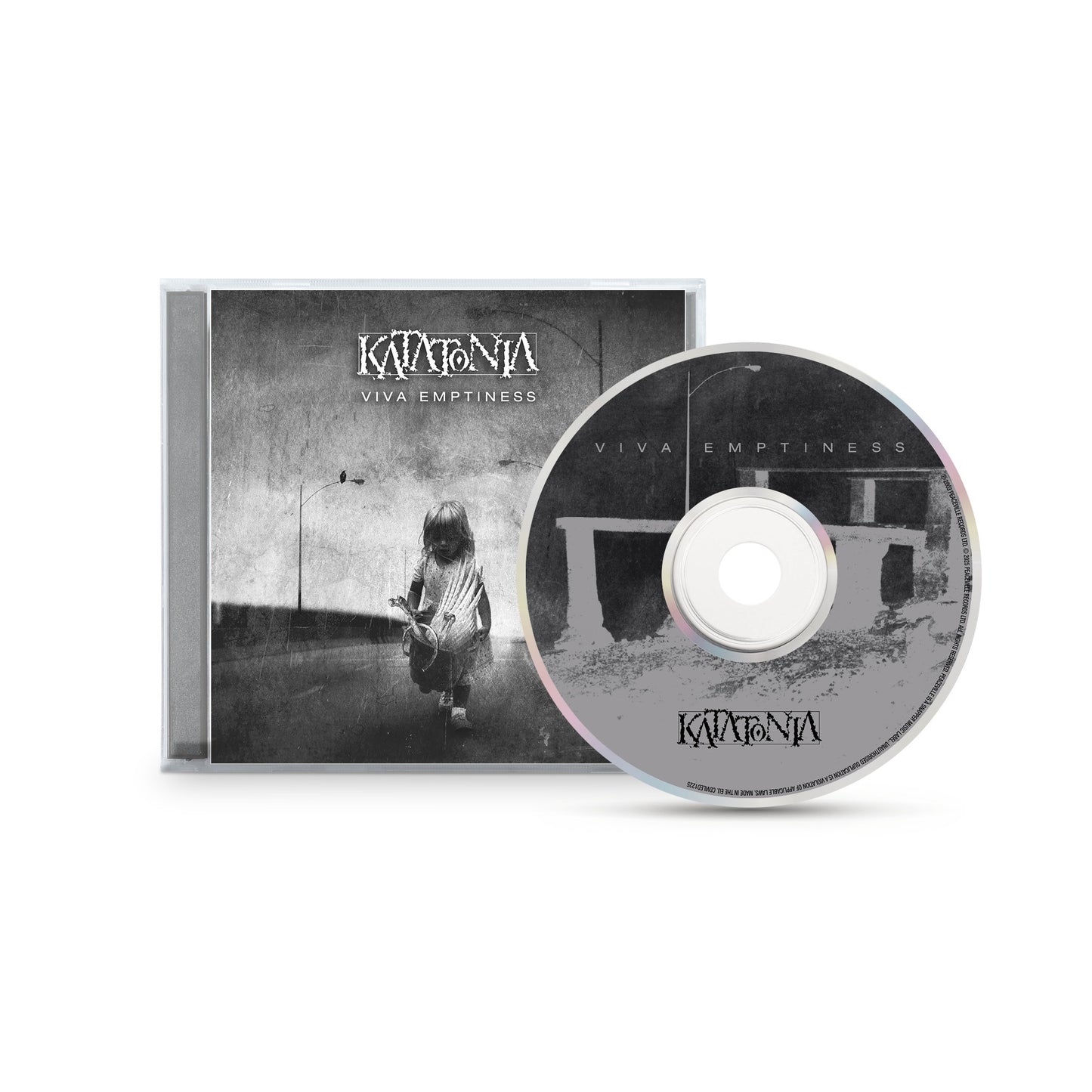 Katatonia CD and case for Viva Emptiness, featuring a grayscale cover with a solitary child to match the bands dark rock mood; disc design echoes the same style.