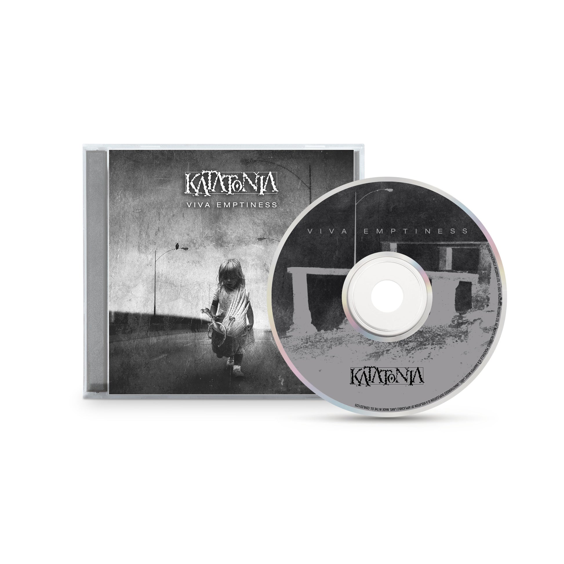 Katatonia CD and case for Viva Emptiness, featuring a grayscale cover with a solitary child to match the bands dark rock mood; disc design echoes the same style.