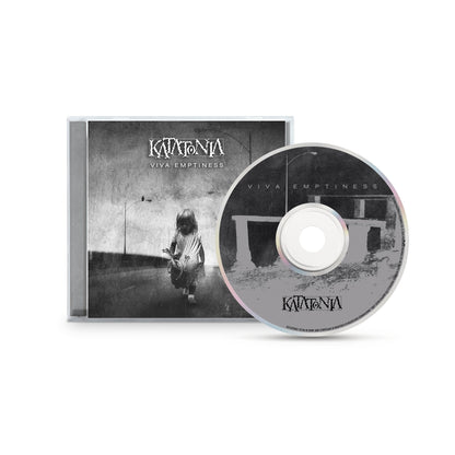 Katatonia CD and case for Viva Emptiness, featuring a grayscale cover with a solitary child to match the bands dark rock mood; disc design echoes the same style.
