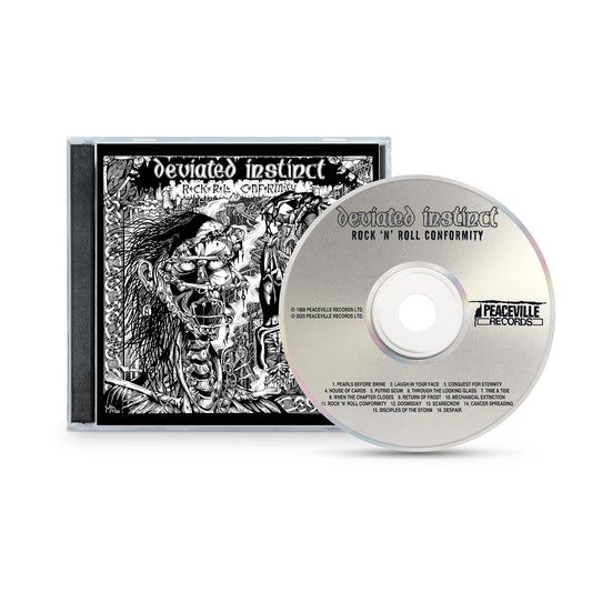 A CD and case for Deviated Instinct’s Rock n Roll Conformity, featuring chaotic black-and-white cover art. The disc displays the album and band name plus the Peaceville Records logo. Brand: Deviated Instinct.