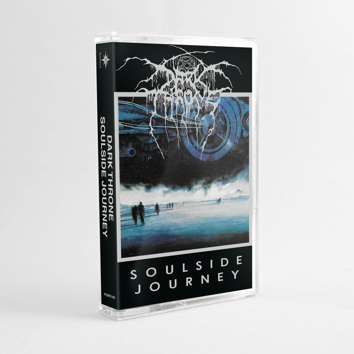 Darkthrone’s Soulside Journey cassette tape, featuring surreal blue landscape cover art for their debut melodic death metal album.