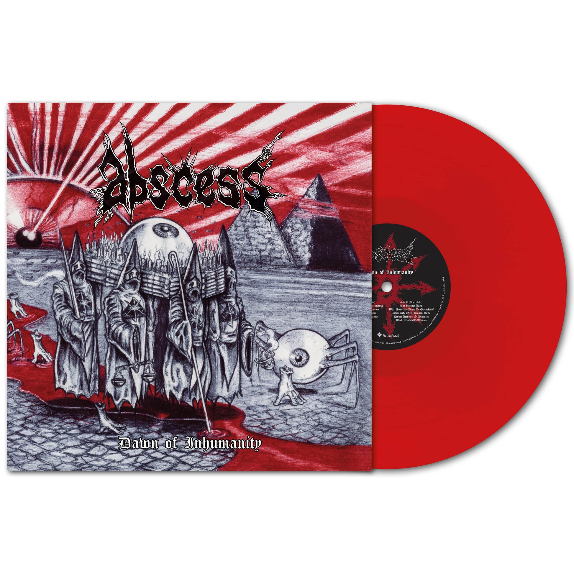 A red vinyl edition of ABSCESS’s final album, Dawn of Inhumanity, rests by its cover—depicting dark-robed figures, pyramids, and red rays for a surreal and ominous death metal vibe from the legendary band.
