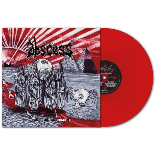 A red vinyl edition of ABSCESS’s final album, Dawn of Inhumanity, rests by its cover—depicting dark-robed figures, pyramids, and red rays for a surreal and ominous death metal vibe from the legendary band.