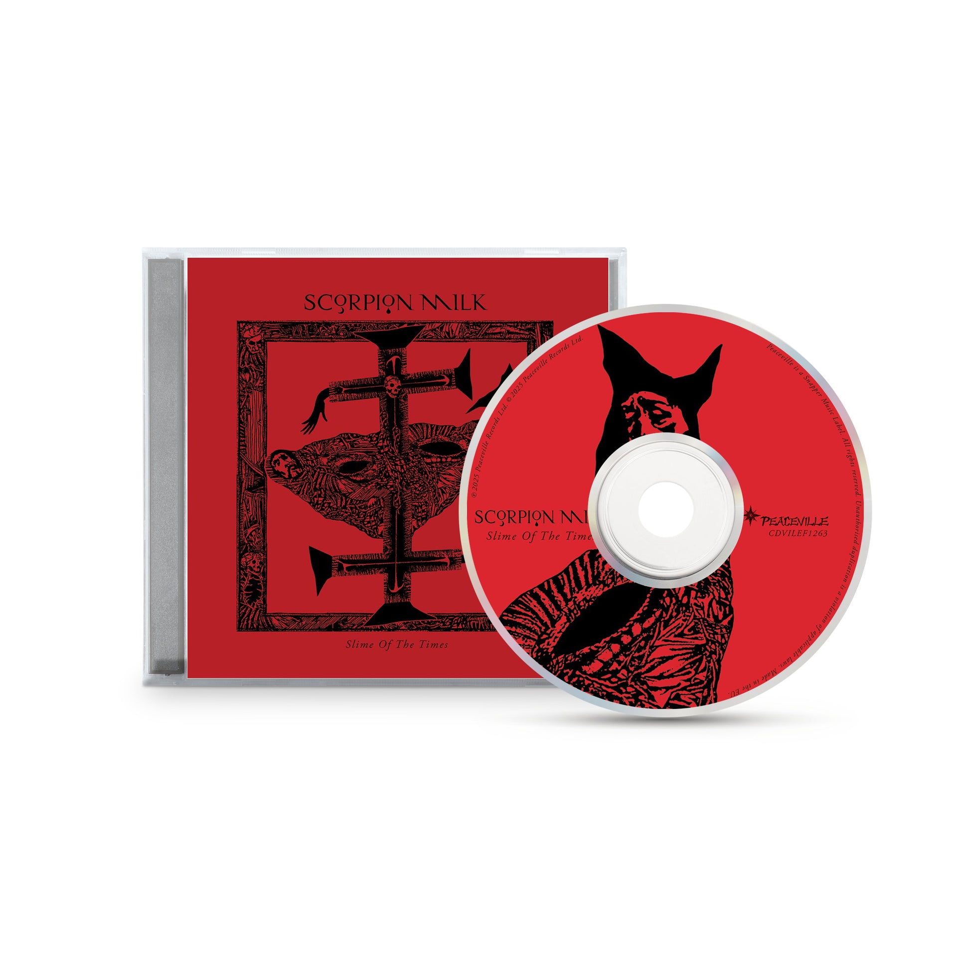 A CD case and disc with a red cover for Scorpion Milk, featuring black artwork of a horned figure and stylized cross with animal heads, evoking apocalyptic post-punk inspired by Mat McNerney.