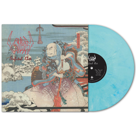 A limited blue marble vinyl by Sigh slides from its sleeve, which features samurai-inspired artwork and red text reading “Sigh” and “Infidel Art,” the band’s second studio album of Eastern atmospheric black metal.